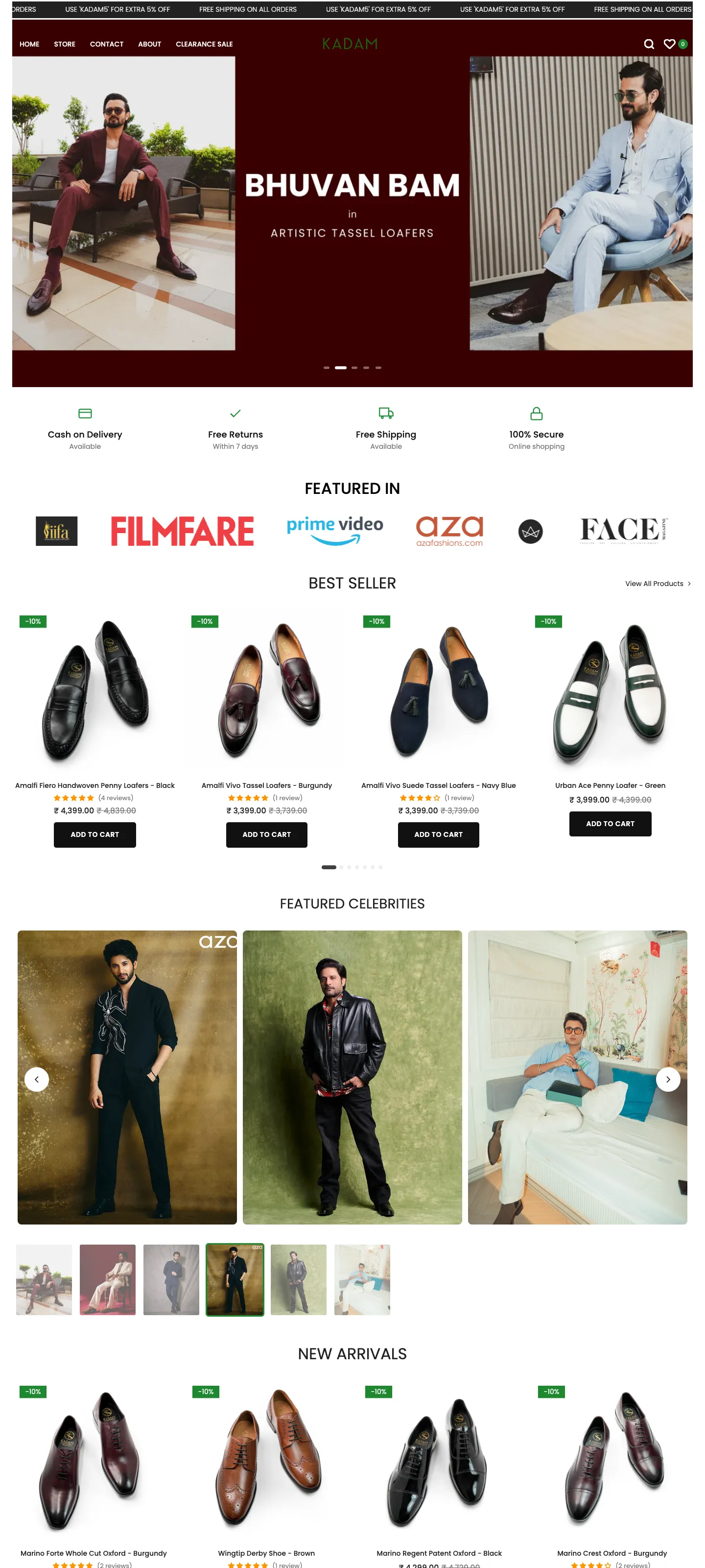 KADAM Shopify store homepage
